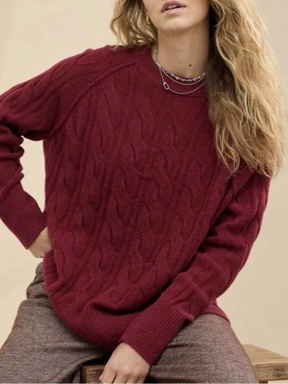 Aerie unREAL Cable Knit Sweater Burgundy Cherry Red Crewneck
XS run big